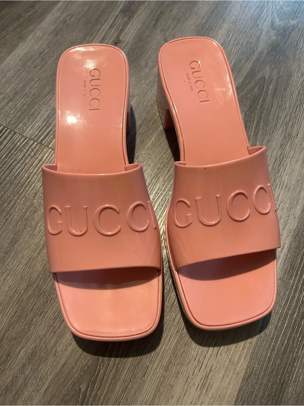 Gucci Pink Embossed Logo Slide Mules